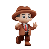 3d Character Detective Feeling Happy Pose. 3d render isolated on transparent backdrop. png