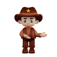 3d Charakter Sheriff zeigen zu etwas Pose. 3d machen isoliert auf transparent Hintergrund. png