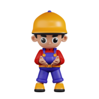 3d Character Mechanic Holding Something Pose. 3d render isolated on transparent backdrop. png