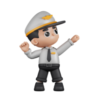 3d personagem piloto olhando vitorioso pose. 3d render isolado em transparente pano de fundo. png