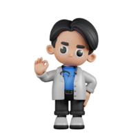 3d personagem médico dando Está bem placa pose. 3d render isolado em transparente pano de fundo. png