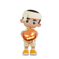 3d Character Mummy Holding Halloween Pumpkin Pose. 3d render isolated on transparent backdrop. png