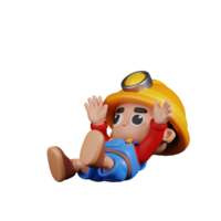 3d Character Miner Falling Pose. 3d render isolated on transparent backdrop. png
