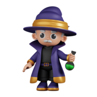 3d personnage sorcier en portant le sien potion pose. 3d rendre isolé sur transparent toile de fond. png