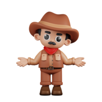 3d Character Cowboy Doing The No Idea Pose. 3d render isolated on transparent backdrop. png