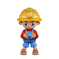 3d personagem mineiro segurando alguma coisa pose. 3d render isolado em transparente pano de fundo. png