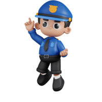 3d Character Policeman Happy Jumping Poses. 3d render isolated on transparent backdrop. png