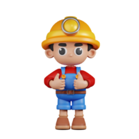 3d personagem mineiro mostrando polegares acima pose. 3d render isolado em transparente pano de fundo. png