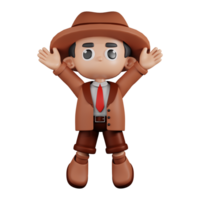 3d Character Detective Jumping Celebration Pose. 3d render isolated on transparent backdrop. png