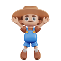 3d Character Farmer Jumping Celebration Pose. 3d render isolated on transparent backdrop. png