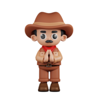 3d personaje vaquero disculparse pose. 3d hacer aislado en transparente fondo. png