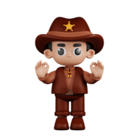 3d personagem xerife dando Está bem mão gesto pose. 3d render isolado em transparente pano de fundo. png