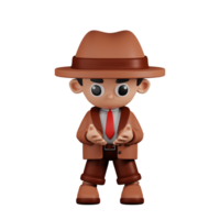 3d Character Detective Holding Something Pose. 3d render isolated on transparent backdrop. png