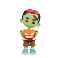 3d Character Zombie Holding Halloween Pumpkin Pose. 3d render isolated on transparent backdrop. png