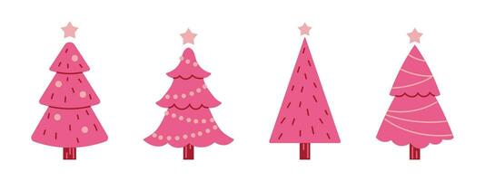 Vector set of y2k pink christmas trees. Glamour stylish fir trees with garlands and balls. New Year and Christmas celebration.