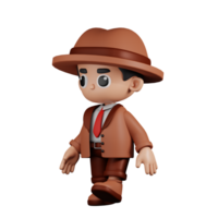 3d Character Detective Walking Pose. 3d render isolated on transparent backdrop. png