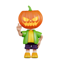 3d personnage citrouille montrer du doigt en haut pose. 3d rendre isolé sur transparent toile de fond. png