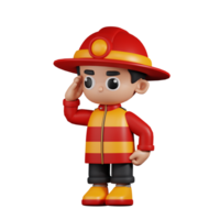 3d Character Firefighter Giving Salute Pose. 3d render isolated on transparent backdrop. png