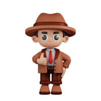 3d Character Detective Showing Thumb Up Pose. 3d render isolated on transparent backdrop. png