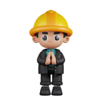 3d Character Engineer Apologizing Pose. 3d render isolated on transparent backdrop. png