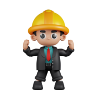 3d Character Engineer Looking Strong Pose. 3d render isolated on transparent backdrop. png