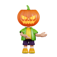 3d Character Pumpkin Pointing To Something Pose. 3d render isolated on transparent backdrop. png