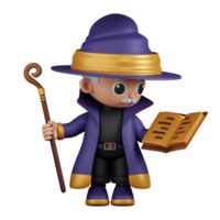 3d Character Wizard Reading A Spellbook While Holding Stick Pose. 3d render isolated on transparent backdrop. png