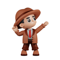 3d personagem detetive olhando vitorioso pose. 3d render isolado em transparente pano de fundo. png