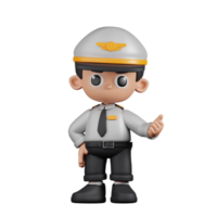 3d personagem piloto apontando Próximo pose. 3d render isolado em transparente pano de fundo. png