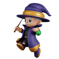 3d Character Wizard Jumping Pose. 3d render isolated on transparent backdrop. png