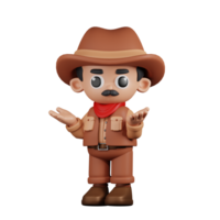 3d Character Cowboy Confused Pose. 3d render isolated on transparent backdrop. png