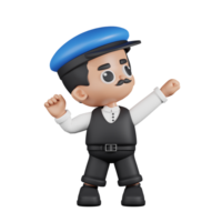 3d personagem motorista olhando vitorioso pose. 3d render isolado em transparente pano de fundo. png