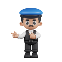 3d personnage chauffeur montrer du doigt les doigts dans direction pose. 3d rendre isolé sur transparent toile de fond. png