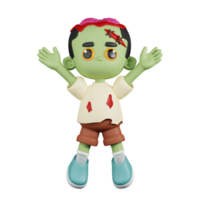 3d Character Zombie Jumping Celebration Pose. 3d render isolated on transparent backdrop. png