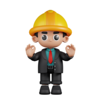 3d Character Engineer Giving Ok Hand Gesture Pose. 3d render isolated on transparent backdrop. png