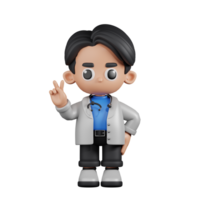3d Character Doctor Showing Peace Sign Pose. 3d render isolated on transparent backdrop. png