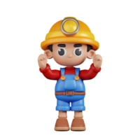 3d Character Miner Excited Pose. 3d render isolated on transparent backdrop. png