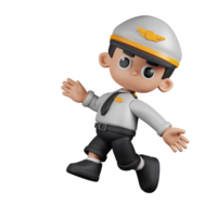 3d Character Pilot Happy Jumping Pose. 3d render isolated on transparent backdrop. png