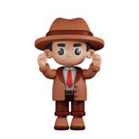 3d Character Detective Excited Pose. 3d render isolated on transparent backdrop. png