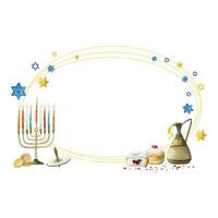 Happy Hanukkah banner template for holiday greeting design with menorah, sufganiyot donuts, dreidel. Watercolor vector illustration