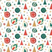 Christmas decor seamless pattern with baubles, snowflakes and trees. Vector illustration for Christmas and New Year. Isolated on white background