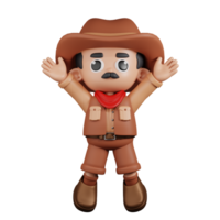 3d Character Cowboy Jumping Celebration Pose. 3d render isolated on transparent backdrop. png