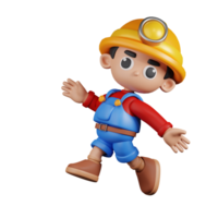 3d Character Miner Happy Jumping Pose. 3d render isolated on transparent backdrop. png