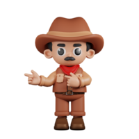 3d Character Cowboy Pointing Fingers In Direction Pose. 3d render isolated on transparent backdrop. png