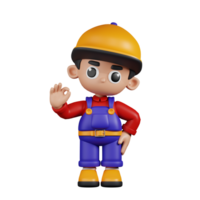 3d Character Mechanic Giving Ok Sign Pose. 3d render isolated on transparent backdrop. png