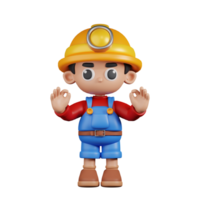 3d Character Miner Giving Ok Hand Gesture Pose. 3d render isolated on transparent backdrop. png