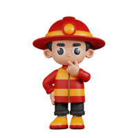 3d Character Firefighter Curious Pose. 3d render isolated on transparent backdrop. png