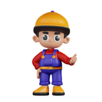 3d Character Mechanic Pointing Next Pose. 3d render isolated on transparent backdrop. png