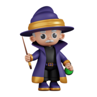 3d Character Wizard Holding His Little Stick and Potion Pose. 3d render isolated on transparent backdrop. png