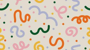 Fun colorful abstract background in doodle style. Simple childish scribble backdrop. Creative minimalist hand drawn pattern with bright cute elements. Random confetti, swirls, bundles and dots vector